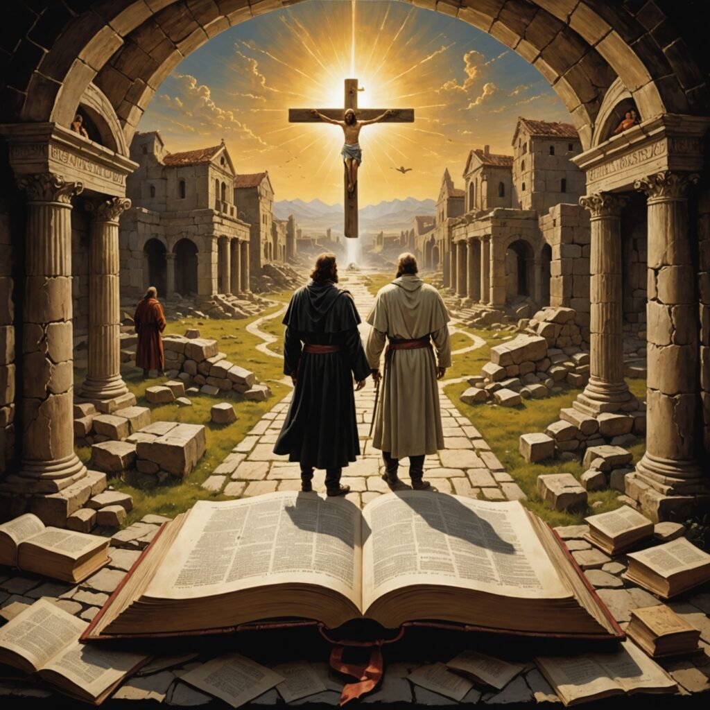 Ilustração representando a dualidade entre os planos humanos e divinos na Bíblia