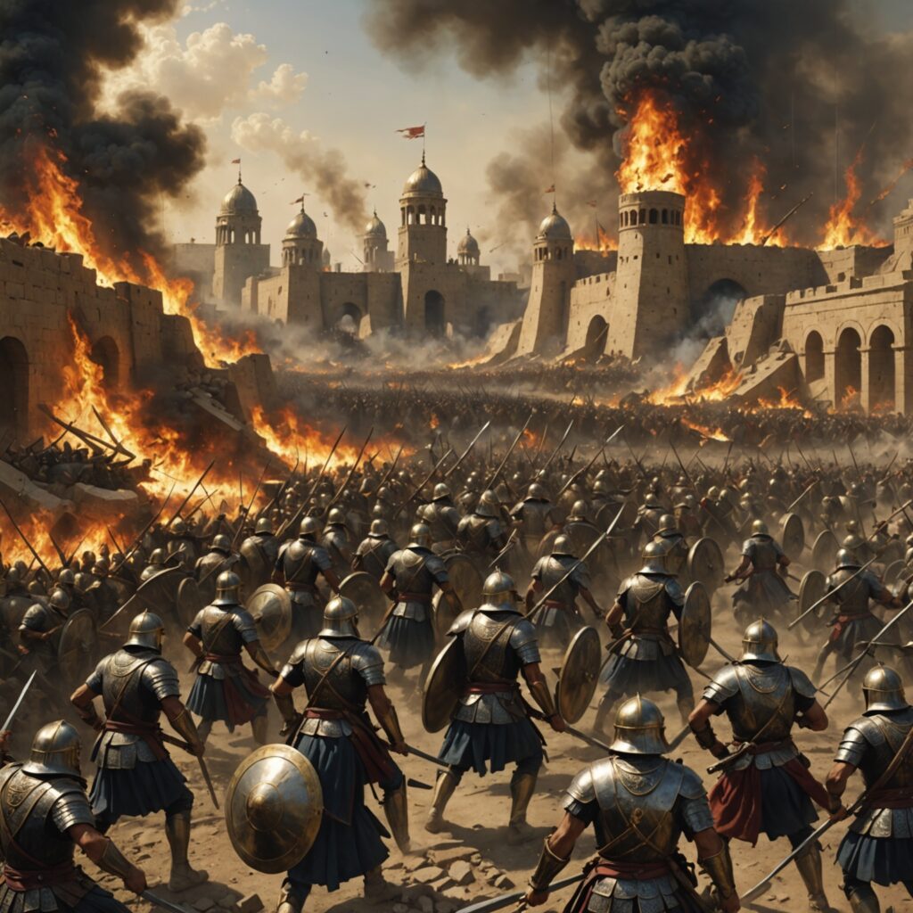 Cena de destruição e batalha: carros de guerra, tropas inimigas e Nínive em chamas