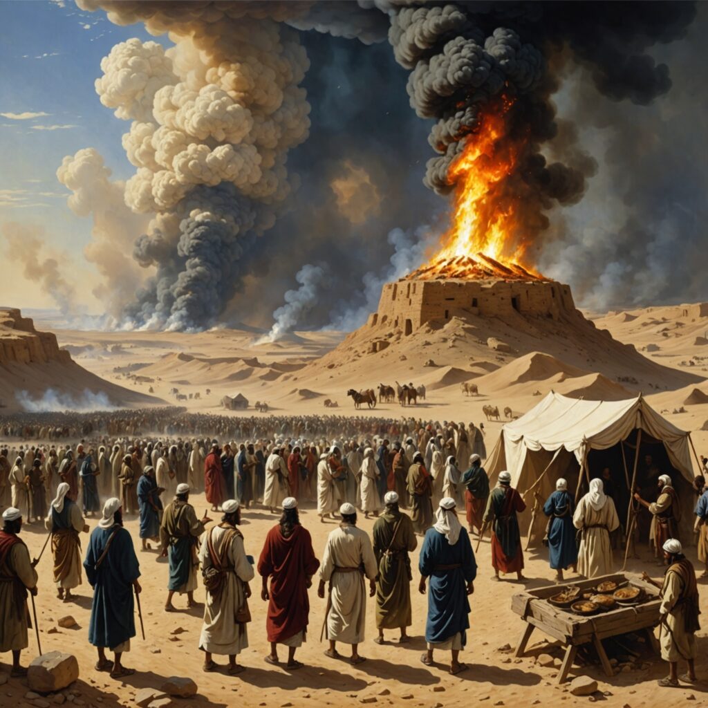 Acampamento no deserto com fogo divino, codornizes, Moisés e presença da nuvem do Senhor