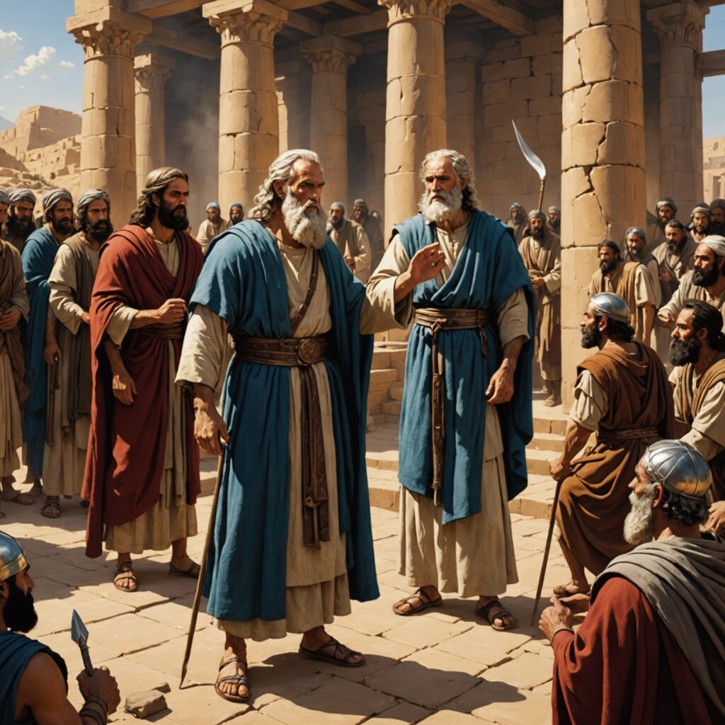 Moisés intercedendo por Miriã leprosa, com Arão ao lado