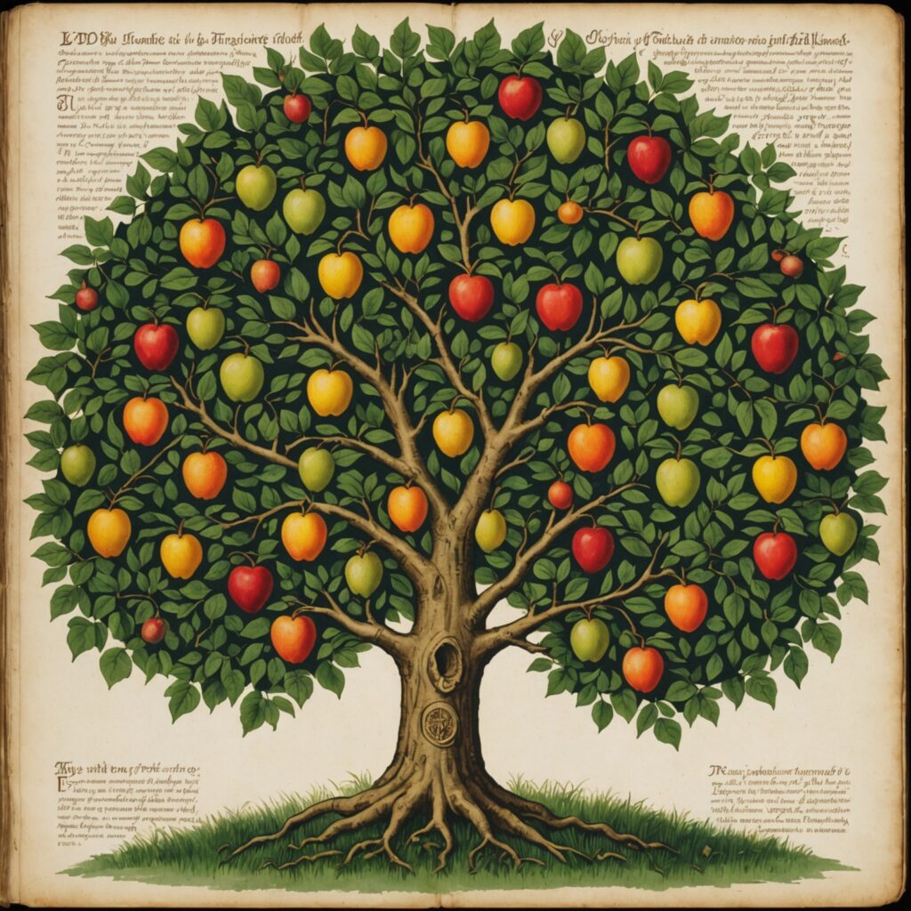 Árvore da sabedoria com raízes profundas e frutos abundantes simbolizando a prosperidade e a paz.