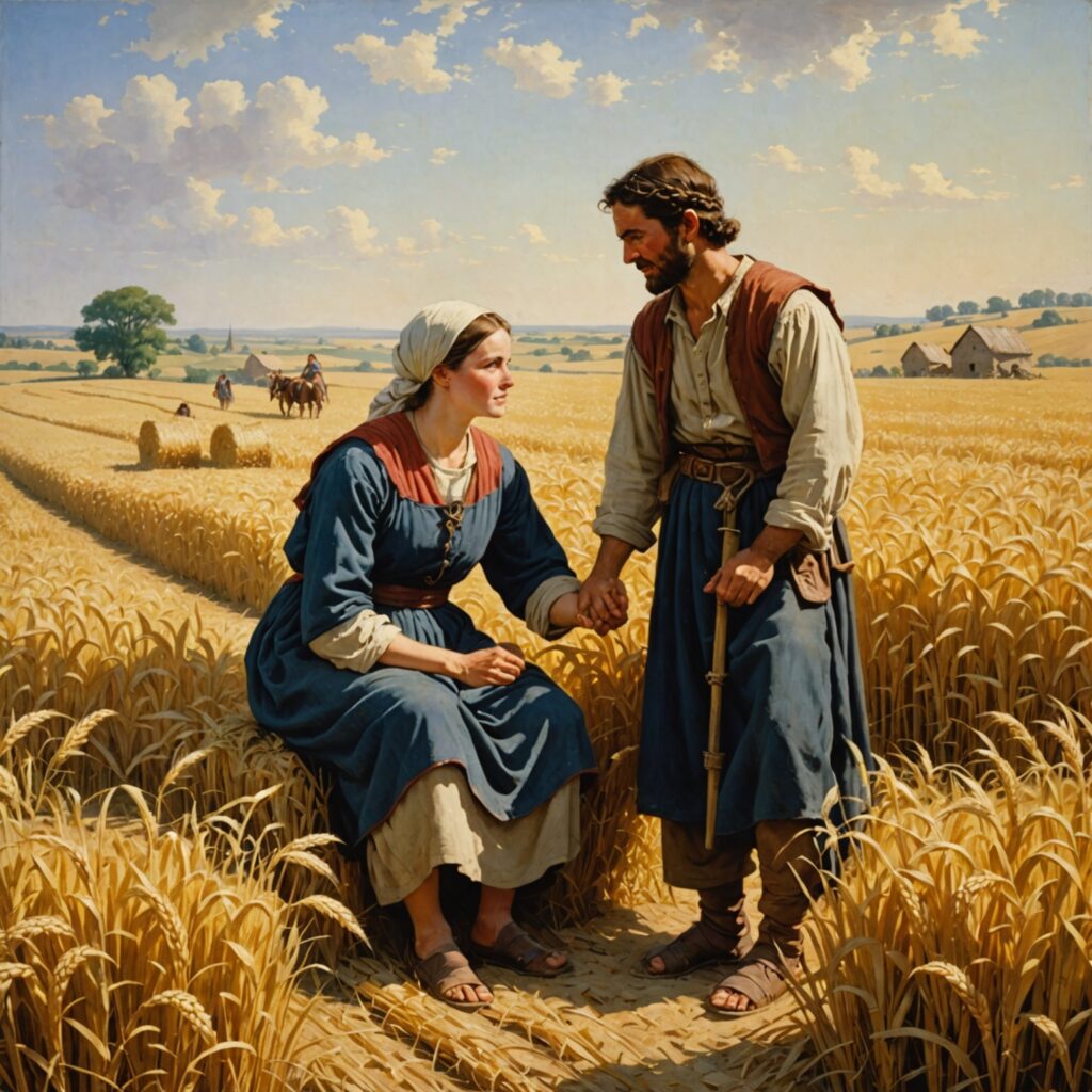 Rute e Boaz na eira - Cena de Rute se deitando aos pés de Boaz em um campo de cevada
