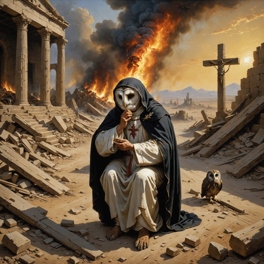 Imagem de um indivíduo solitário clamando a Deus em meio às ruínas e desolação