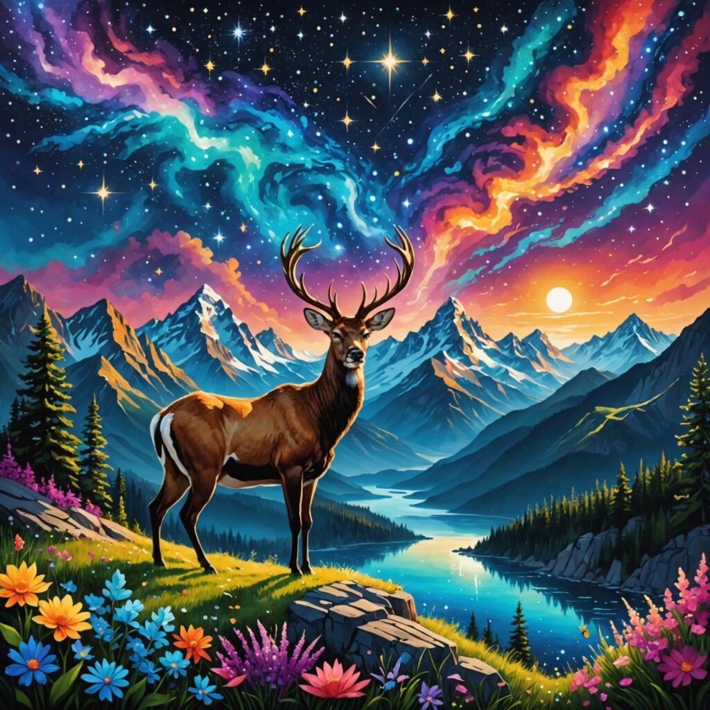 Imagem representativa da criação divina exibindo céus estrelados, montanhas majestosas, oceanos profundos e animais diversos em harmonia.