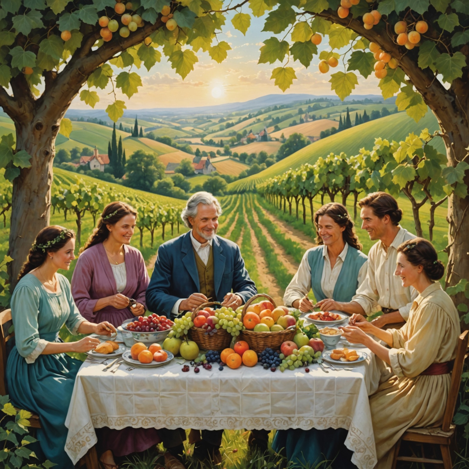 Família reunida ao redor da mesa com uma videira frutífera ao fundo