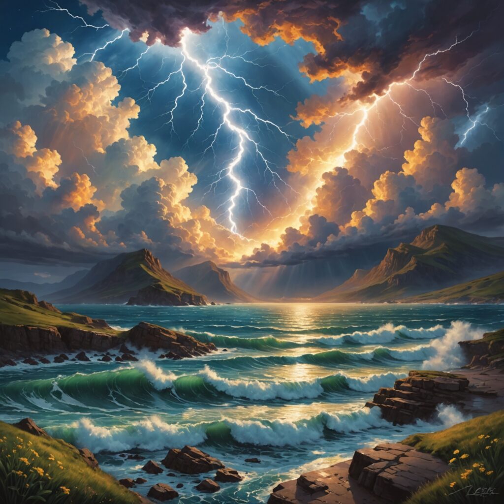 Imagem representativa do Salmo 135, enfatizando a grandeza e poder do Senhor, com elementos da criação e adoração.