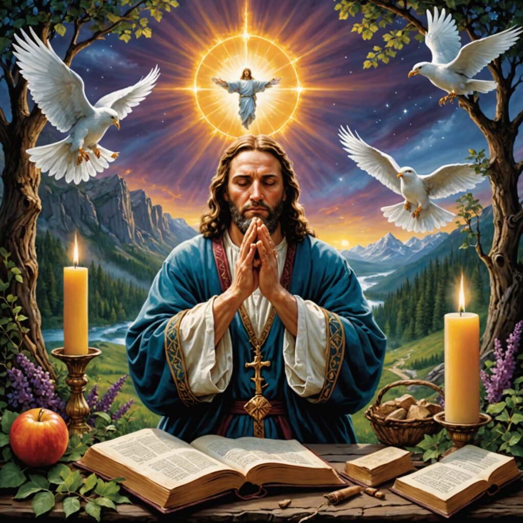 Ilustração de uma oração sincera e confiante, com mãos estendidas em busca de orientação divina