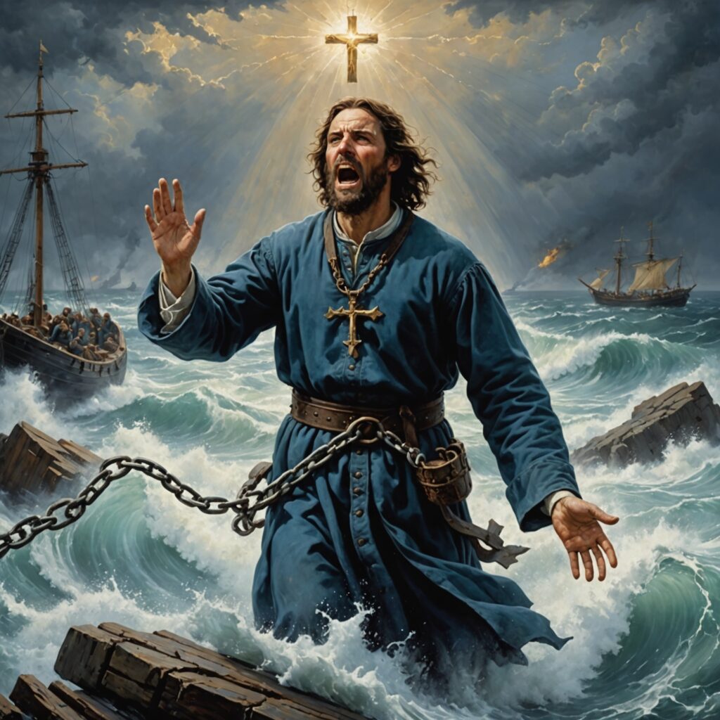 Ilustração de uma pessoa em meio a águas turbulentas clamando a Deus por socorro