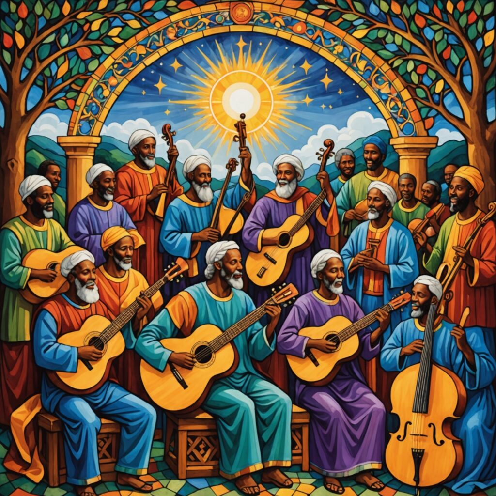Ilustração de grupo celebrando e adorando a Deus com instrumentos musicais