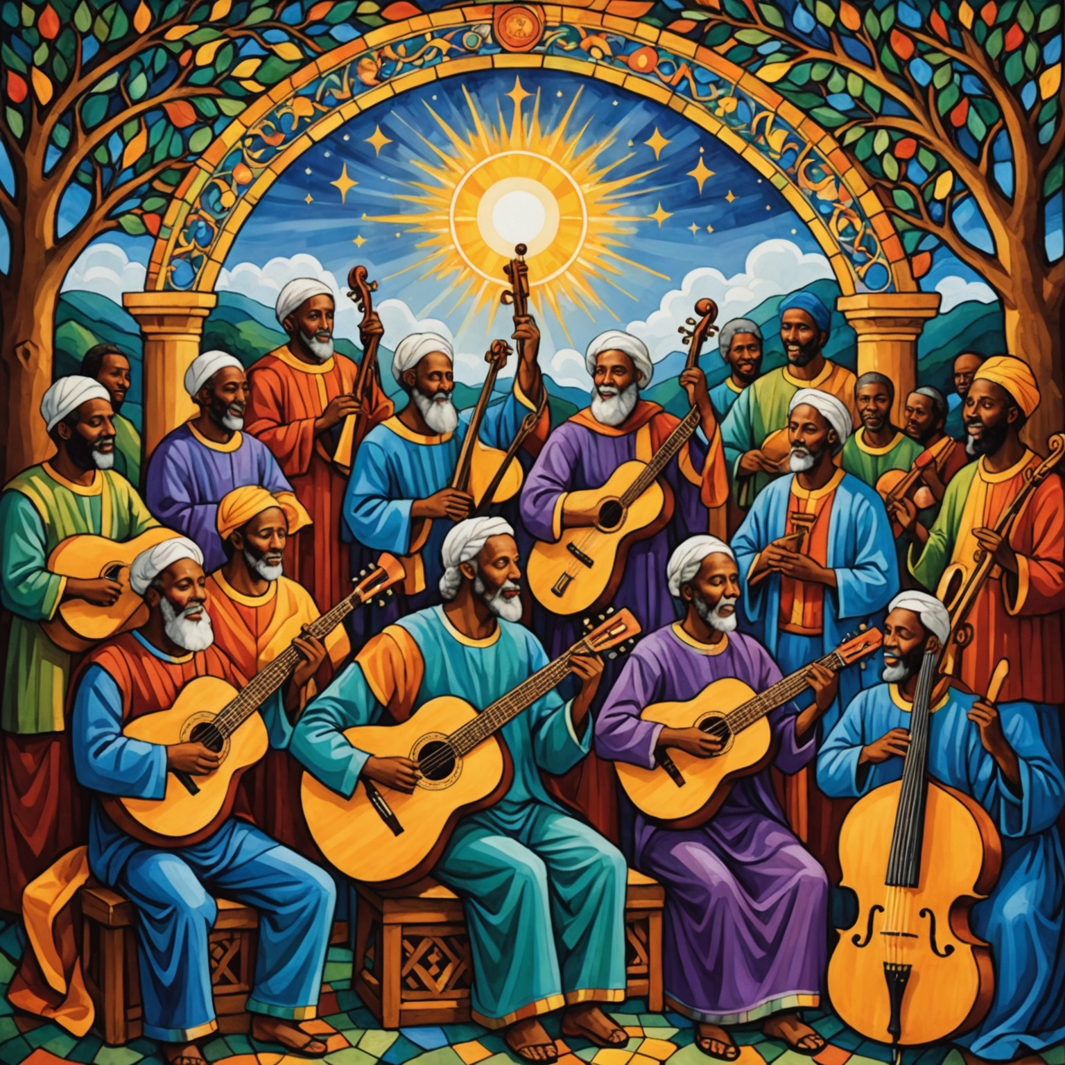 Ilustração de grupo celebrando e adorando a Deus com instrumentos musicais