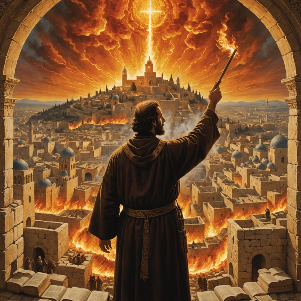 Homem medindo Jerusalém, cidade envolta em muro de fogo e glória divina, em representação das promessas e proteção divina descritas no capítulo.