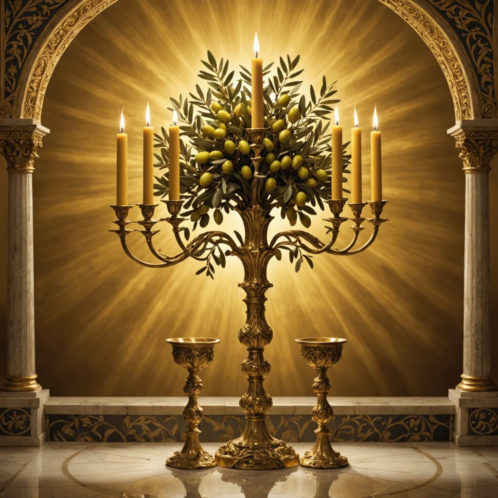 Imagem do candelabro de ouro e das duas oliveiras na Bíblia